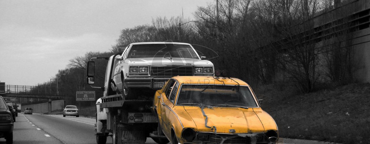 Wrecker Service Truck Towing Rusted White And Yellow Cars